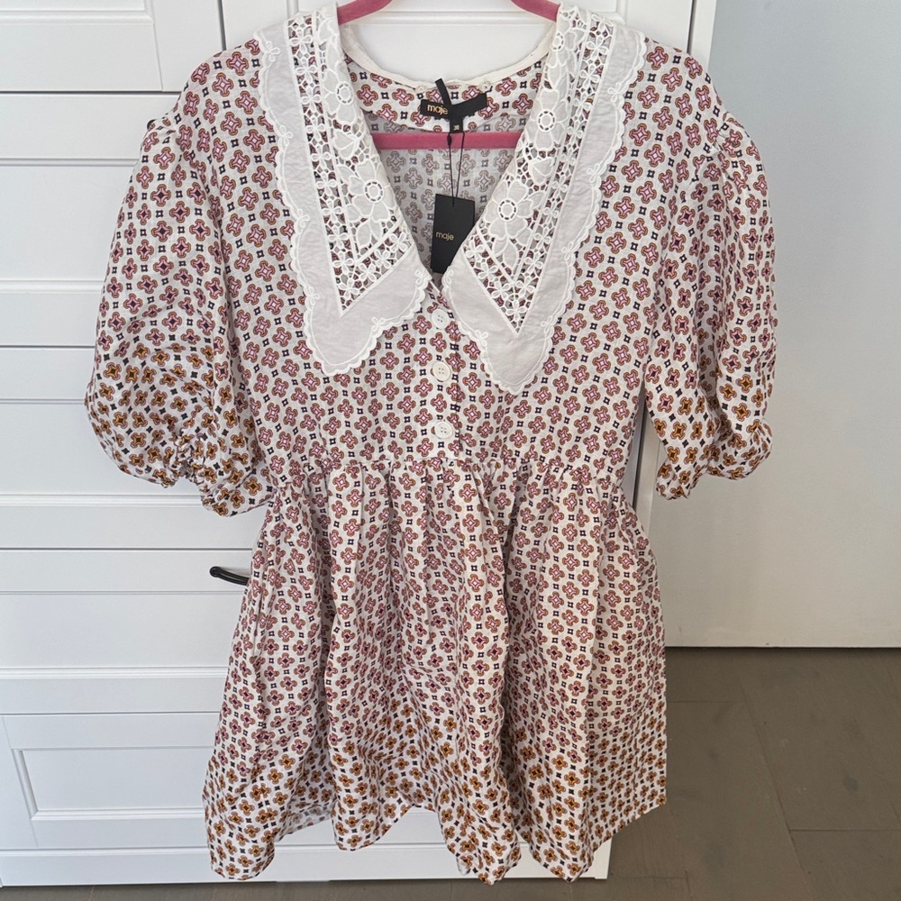 Maje White Lace Collar and Pink Patterned Dress